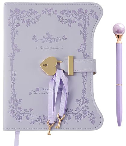 heavenlife Lock Journal with Pen B6, Vintage Diary with Lock and Key, PU Leather Notebook, 180/360 Pages, Heart Shaped Lock for Women Girls Kids (Purple)