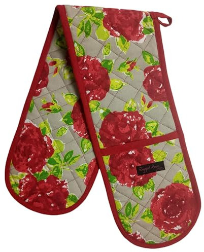 Double Oven Gloves - 84 cm x 18 cm x 1 cm, 1-Piece Oven Mitts for Cooking & Baking - Cotton, Machine Washable at 30° - Kitchen Essentials by Ragged Rose - (Red Rose)