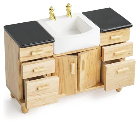 Odoria Puppenhaus Waschbecken Miniatur Schrank: 1/12 Maßstab Waschzuber Spüle für Badezimmer - Mini Möbel Modern Holz DIY