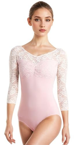 s.lemon Ballett Body Damen,Erwachsene Langarm Spitze Ballett Trikot D042 Rosa 160