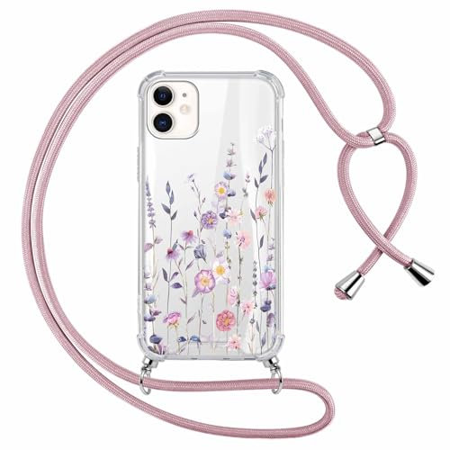 Saqmkil Handykette Handyhülle für iPhone 11 6,1 Hülle mit Band, Durchsichtig Aesthetic Muster Blumen Mädchen Case mit Kordel zum Umhängen, Transparent Weiche Silikon TPU + PC Stoßfest Schutzhülle