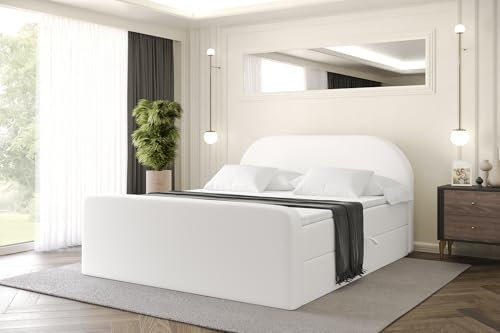 ALTDECOR Boxspringbett mit Matratze und Lattenrost, Topper, Fußteil,Polsterbett mit Bettkasten, Bett mit Stauraum H3-Matratze, Doppelbett, Boxbett - NOX-Z - 180x200 - Weiß Kunstleder