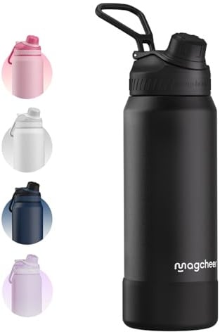 Magcheer Botella Agua Acero Inoxidable Termica 1 Litro（Negro） | Aislamiento Doble Pared, Apertura Ancha, Sin BPA, A Prueba de Fugas, Apta Lavavajillas, para Gimnasio, Exterior, Deporte