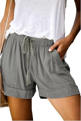 comefohome Shorts Womens UK Summer Drawstring Cotton Elastic High Waist Solid Color Casual Ladies Shorts with Pockets HS Grey M