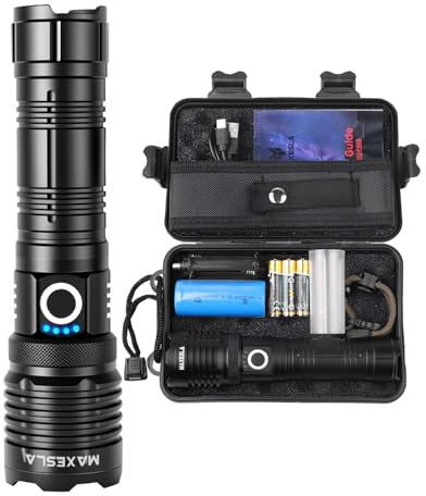 Maxesla Led Torch Rechargeable,5000mAh Torches Led Super Bright,5 Modes,Adjustable Focus Flashlight,IP65 Waterproof, for Camping,Hiking, Power Cuts,Emergency