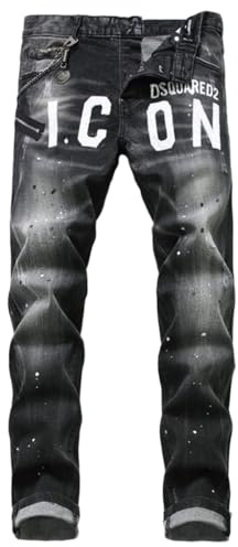 M&Catree Vaqueros Hombre Slim Fit Pantalones Vaqueros con Salpicaduras de Pintura Jeans Denim Elástico Streetwear Y2K - Negro Gris, 30