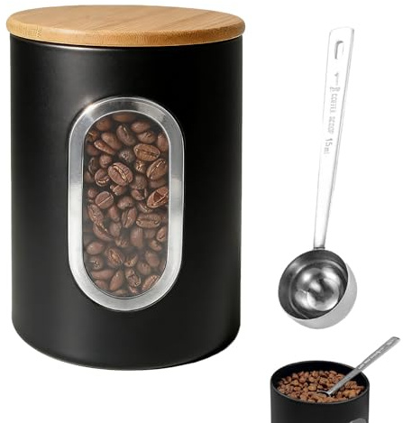 CAAGGMM Kaffeedose, 1,5 L / 500g Eisen Kaffeebehälter für Kaffeebohnen mit Holzdeckel, luftdicht Kaffeedose mit Transparentes Fenster, für Aufbewahrung von Kaffeebohnen und Teeblättern, Schwarz