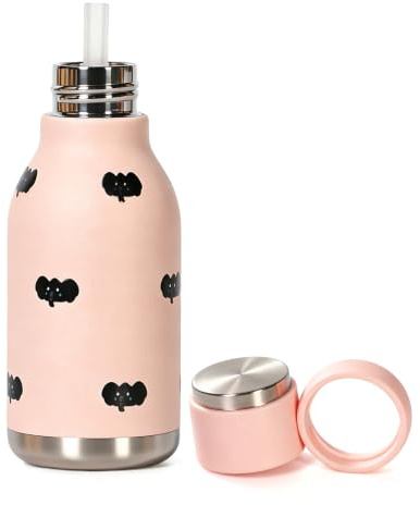 pluseight Kids Insulated Water Bottle with Straw, 450ml/15oz BPA-Free Double Wall Vacuum Tumbler 18/8 Stainless Steel Leak Proof Kids Cups for School Travel Boys Girls (Pink Elephant)