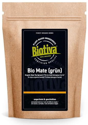 Biotiva Infusión de mate orgánica 500 g - infusión de mate verde sin tostar - hojas de hierba mate con cafeína - cultivo orgánico - empacada y verificada en Alemania