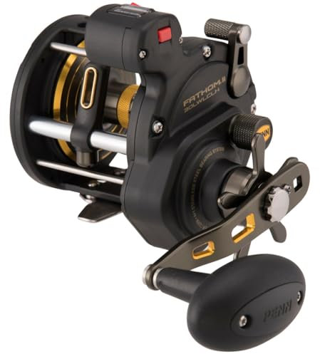 PENN Fathom® II Level Wind, Fishing Reel, Conventional Reels, Sea - Nearshore/Lake Fishing, Shore and Kayak Fishing, Unisex, Black Gold, 30LC | Left Hand