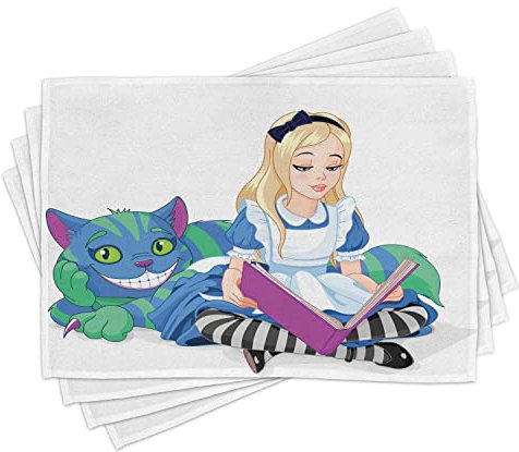 ABAKUHAUS Alice im Wunderland Platzmatten, Alice Lesebuch Katze Buntes Weltglück Liebes Charakter Bild, Waschbare Stoff Esszimmer Küche Tischdekorations Digitaldruck, Ceil Blau Hellgelb