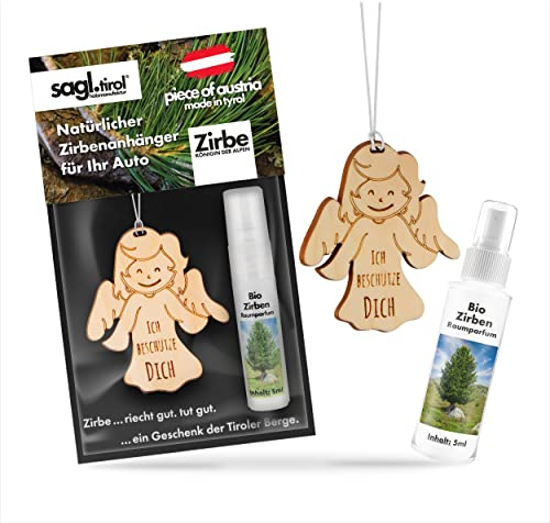 sagl.tirol Auto Duft aus Zirben Holz [100% Bio] inkl. Zirben Raum Parfüm 5ml I verschiedene Motive I natürlicher Auto Duftbaum I Auto Duft Innenraum I Auto Lufterfrischer I Autoduft I Schutzengel