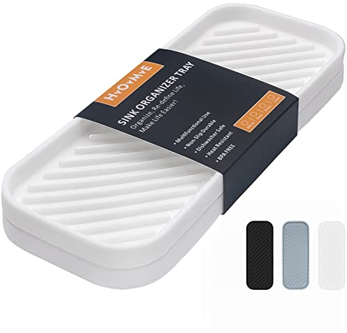 HvOvMvE Silicone Organizer Tray, Soap and Sponge Holder for Kitchen Sink, Bathroom - Storage Tray for Dish Brush, Soap Dispenser, Dishwashing Accessories- 2 Pack (White)