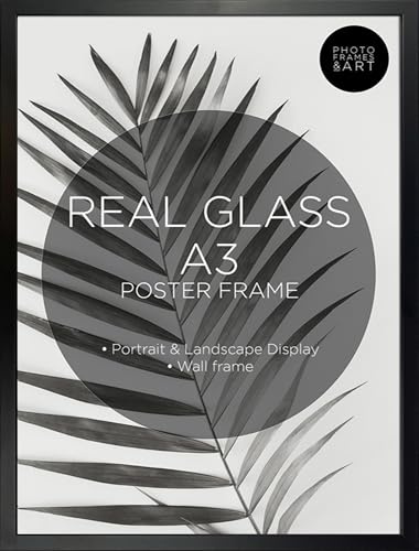 pf+a REAL GLASS Premium Wooden Black A3 Poster Picture Frame Wall Display