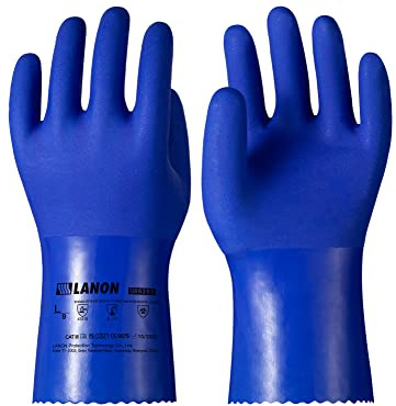 LANON PVC Schutzhandschuhe Chemikalienschutz, Säure, Alkali und Öl Schutz, Rutschfest, Blau, XXL/11