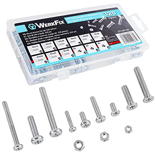 WERKFIX Kit 320 Viti Bulloni e Dadi. Viti Testa Tonda e Piatta M4 e M5 Lunghe 10, 20, 30 e 40 mm. Dadi M3 M4 e M5. 9 Tipi di viti 3 tipi di bulloni DIN 965. Kit di assortimento di viti per macchina.
