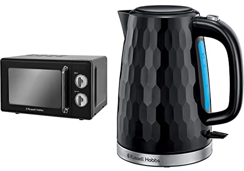 Russell Hobbs RHRETMM705B 17 L 700 W Black Compact Retro Solo Manual Microwave & 26051 Cordless Electric Kettle - Contemporary Honeycomb Design with Fast Boil and Boil Dry Protection, 1.7 L, Black