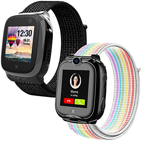 Kuaguozhe 2 Stück Kinder Armbänder Kompatibel mit Xplora X5 / XGO 2/XGO 3 Armband,Kids Smartwatch Weich Sport Nylon Ersatzbänder für X5 Play/XGO2/XGO3,Mädchen Jungen Geschenk, Schwarz + Regenbogen