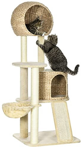 PawHut Arbre à Chats Style Cosy Chic griffoir sisal Naturel 2 niches Plateforme hamac Peluche Jacinthe d'eau - 60 x 60 x 150 cm Beige