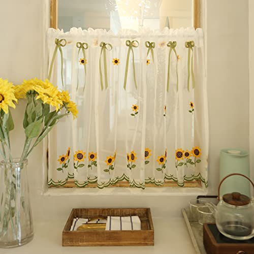 Amerikanischen Landhausstil Sonnenblume Bogen Scheibengardine, Transparent Licht Filternde Polyester Kurze Vorhänge Für Küche Schränke Wohnzimmer (Size : W150xH58cm/59x31inch)