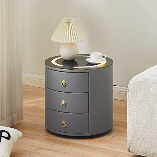 LEMROE Table de Chevet Ronde avec lumière LED réglable et Station de Recharge sans Fil en Verre, Table de Nuit Intelligente avec 3 tiroirs (1, Gris)