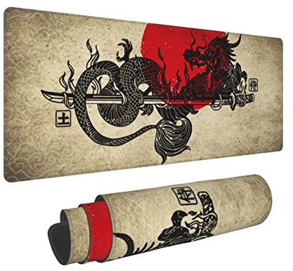 Japanese Kanagawa Great Wave White Clouds Vintage Dragon Mouse Pad XL Extended Desk Mat, Non Slip Rubber Base Stitched Edge Gaming Pc Desktop Large Mice Pad,31.5 X 11.8 Inch