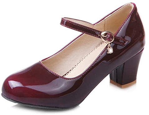 Women Block Heel Mary Jane Shoes Round Toe Fashion Court Shoes Buckle Mid Heel Dress Shoes, 15463WQV Claret Size 0 UK/31