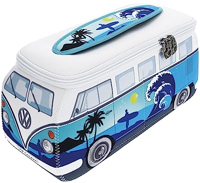 BRISA Collection VW - Trousse en néoprène Universelle Volkswagen pour Maquillage, Produits cosmétiques, Motif T1 Combi Bus (Surf/Bleu/Petit)