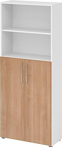 bümö Mehrzweckschrank 80cm breit, Aktenschrank o. Schuhschrank hoch, Regal Schrank-Kombi, Küchenschrank in Nussbaum/Weiß aus Holz, Vorratsschrank & Haushaltsschrank mit Metallgriffen