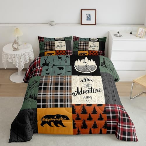 Erosebridal Retro Rustikales Lodge Tröster-Set für Jungen, Hütte Bauernhaus Bettwäsche-Set King Size, Jagd Bär Hirsch Bettwäsche Tröster Sets Wald Abenteuer Land Patchwork Quilt Camper Zimmer Dekor