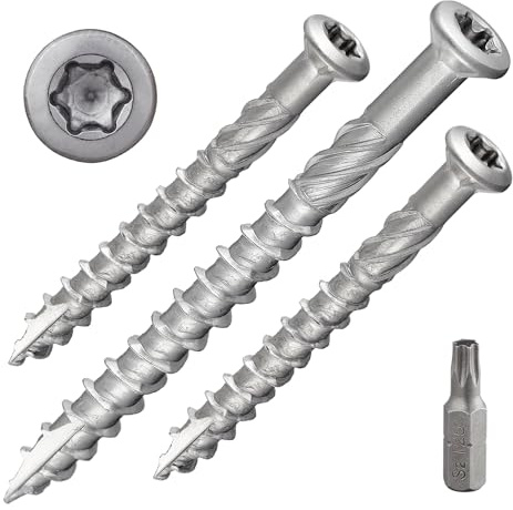 DSM – Terrassenschrauben 5 x 40 mm – Senkkopf mit Torx TX25 – 200 Stück | Edelstahl A4 – ETA-Zulassung [TrueSpec Präzision] unterkopfverstärkt, Fräsrippen, Schaftfräser, Cutspitze – inkl. 2 x S2-Bit