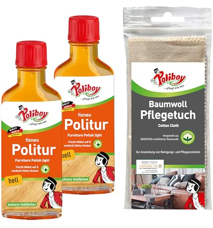 POLIBOY fixneu Politur hell - Möbelpolitur für helle lackierte Hölzer - farbauffrischende Holzpolitur - 2x 100ml - Mit Baumwolltuch - Made in Germany