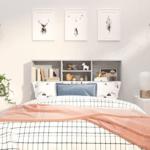 Tino Tech Étagère pour tête de lit - 120 x 19 x 103,5 cm - En bois - Gris béton - Tête de lit avec étagères de rangement - Étagère de rangement - Tête de lit - Meuble de chambre à coucher