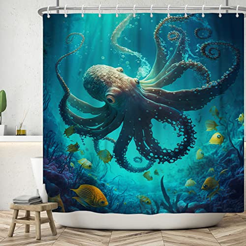 ASDCXZ Meeresboden Duschvorhang 180x180 cm, Blau Tiefsee Ozean Unterwasserwelt Meerestiere Oktopus Fisch Bad Waschbar Duschvorhänge Polyester Textil Wasserdicht Badevorhang für Badewanne mit 12 Haken