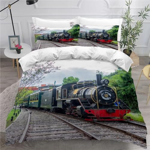 MEVASA Bettwäsche 135x200 Zug Bettwäsche-Set 3 Teilig 3D-Druck Retro-Zug Bettbezug 135x200 mit Reißverschluss Weiche Mikrofaser Kinderbettwäsche mit 2 Kissenbezug