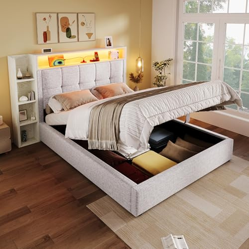 SOFTWEARY Polsterbett mit LED-Beleuchtung, Lattenrost und Stauraum, Kopfteil gepolstert, Typ-C, USB, Einzelbett (beige, 90x200 cm)