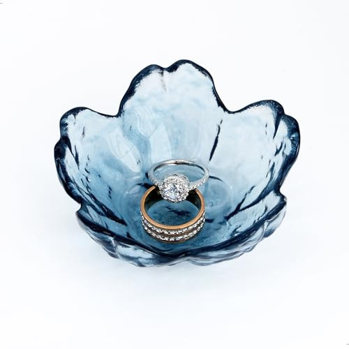 BIHOIB Bandeja de joyería con diseño de flores azules de cristal, plato decorativo de cristal, bandeja de acento moderna para tocador