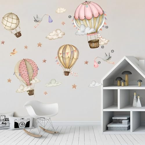 Wandtattoo Kinderzimmer Heißluftballon Wandtattoos 4 Luftballons Buntes Vögel Wolkenstern Wandklehaufkleber für DIY Baby Kindergarten Mädchen Schlafzimmer Kleinkindzimmer Wanddekoration