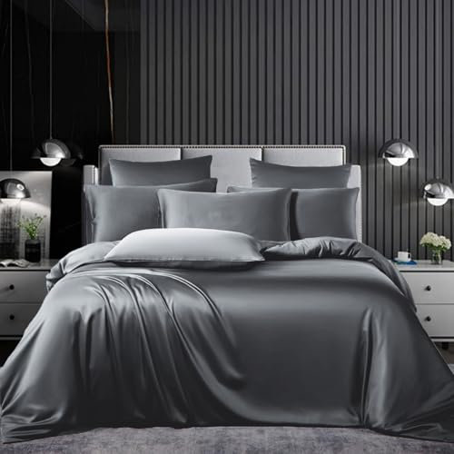 Bettwäsche Set Satin 135x200cm 4teilig Grau Anthrazit Dunkelgrau Silky Touch Glänzend Seide Bettbezug Glatt Luxus Bettwäsche weicher Doppelbettmit Reissverschluss und Kissenbezüge 80x80cm