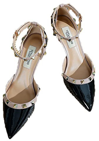 WOkismD Modische Damen-Pumps mit Nieten und Nieten, Knöchelriemen, mittlere Kitten-Heels, sexy, spitze, geschlossene Zehen, Stiletto-Absätze, Hochzeit, Party, Abendkleid,Schwarz,40