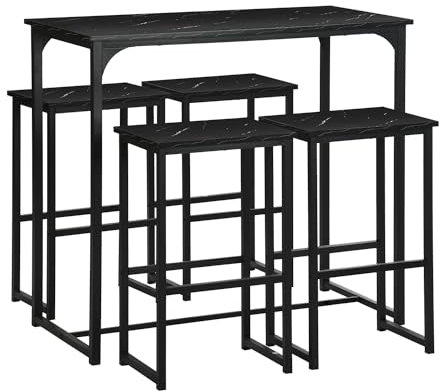 GOKHOMX Bartisch mit 4 Hockern, Set hoher Bartisch mit 4 Hockern, Esstisch für Bar, hoch und Hocker, Tisch für Küche und Stühle, platzsparend, für Haus, Küche, Taverne, Schwarz