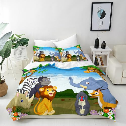 ANHOPE Dschungel Safari Zoo Tier Bettwäsche Set 2 Teilig Bettbezug 135x200 cm + Kissenbezug 80x80 cm Weich Microfaser Bettbezüge Set mit Reißverschluss Bettdeckenbezug für Kinder Jungen Mädchen