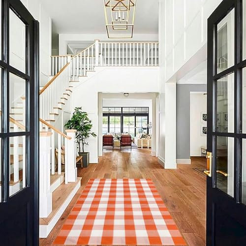 WAYYE Buffalo Plaid Outdoor-Teppich, kariert, waschbar, Fußmatten für drinnen und draußen, Teppiche für mehrlagige Haustürmatten, Veranda, Eingang, Küche, Bauernhaus (orange und weiß kariert, 102 x