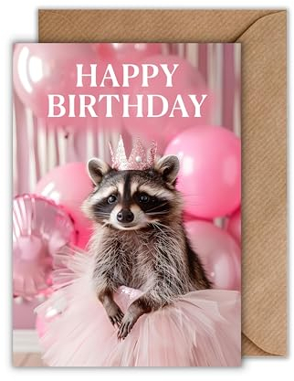 WBdesignz Geburtstagskarte Waschbär mit Umschlag - Krone – süße Tierkarte mit Tutu für Kinder & Freundinnen – Happy Birthday Karte - lustige Tiergrußkarte (DIN A6)