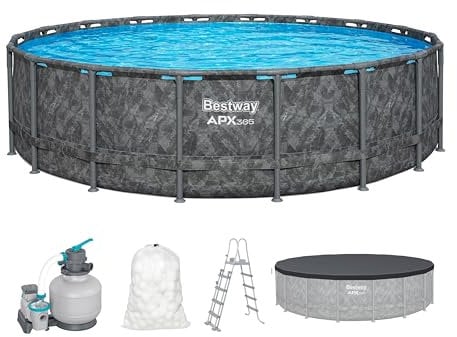 Bestway APX365 Winterfestes Frame Pool Set, Ø 549 x 132 cm, 26.000 L, Sandfilteranlage, Marmor-Optik, Ganzjahresschutz, Kein Abbau nötig, Werkzeugloser Aufbau, Sicherheitsleiter, Abdeckplane