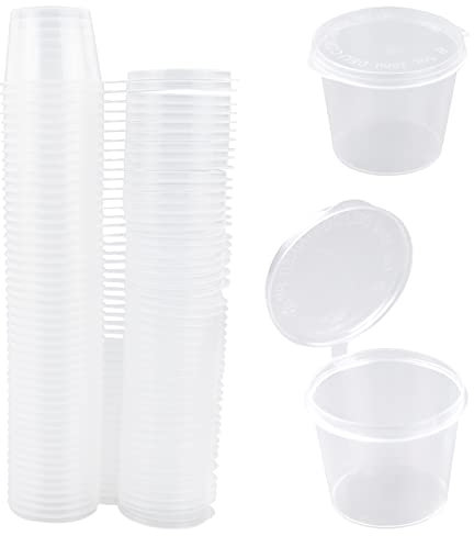 REBECASKYENS 1oz Small Containers with Lids, Slime Containers, 25ml Plastic Pots for Sauce Dips, Salads