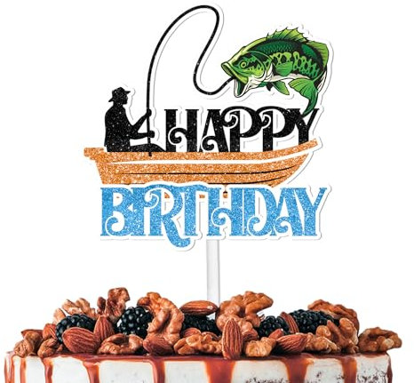 Glitter Boat Fishing Happy Birthday Cake Topper Let’s Go Fishing Theme Decorations Men Boys Happy Birthday Party Decor Supplies