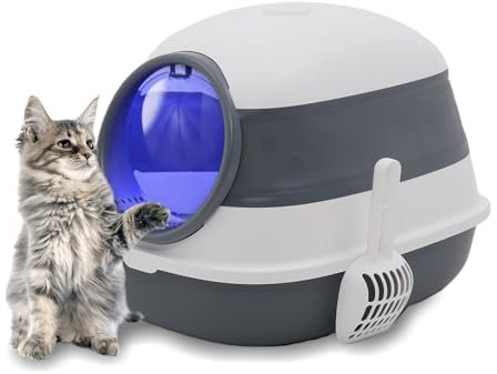 Forroby Cat Litter Tray with Hood and Scoop Foldable Enclosed Cat Litter Box Large with Lid and Leakage Board,Pet Portable Dome Toilet Indoor,Easy to Clean(Grey)