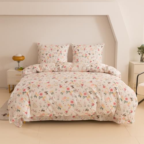 Cotton Market Bettwäsche 200x200 cm - Bettwäsche Mikrofaser Baumwolle - Herbst Bettwäsche-Sets 3 Teilig mit Reißverschluss - Blumen Bettbezug mit 2 Kissenbezug 70x80 cm - Blumen Hase/Beige