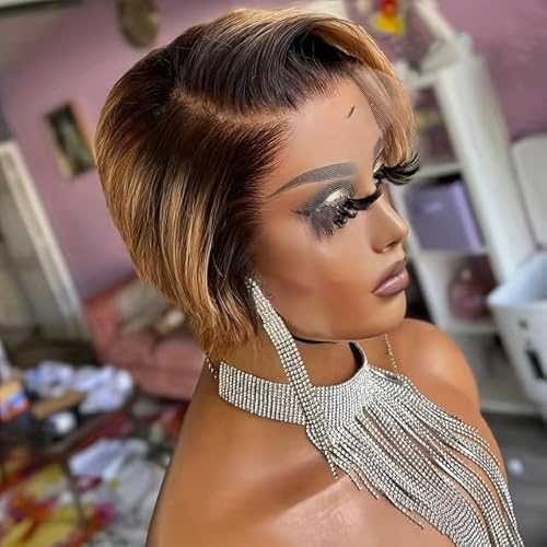 6 Zoll kurze lockige Pixie Perücke, 13 x 4 x 1 Spitzenperücke Echthaar Perücke, mit Pony Pixie Schnitt Perücke, for Frauen tägliche Verwendung auf Partys Cosplay.(Gradient brown)